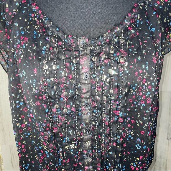 Decree Floral Top Drop Drawstring Waist Short Sleeved Blouse Pleated Women’s L - Picture 3 of 6